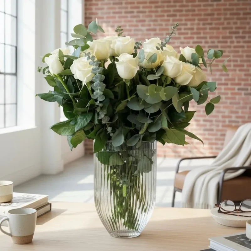 Strauss in Weiss mit Eucalyptus-AUSVERKAUFT BIS UND MIT DIENSTAG 05.05.26