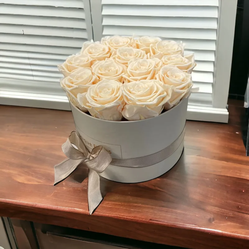 Rose Infinity in scatola grigio chiaro, rose in champagne