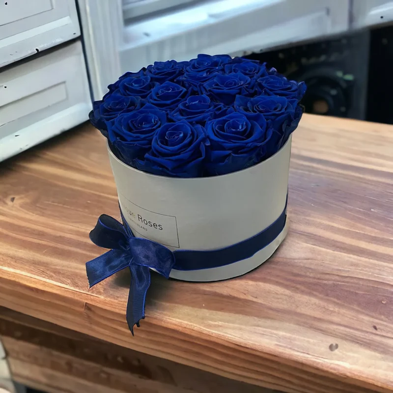 Rose Infinity in scatola grigio chiaro, rose in blu royal