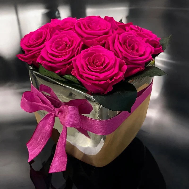 Cubo con 9 rose - Magenta